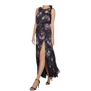 Fame And Partners Women's Black Purple Floral Print Maxi Blouson‎ Dress Size 4